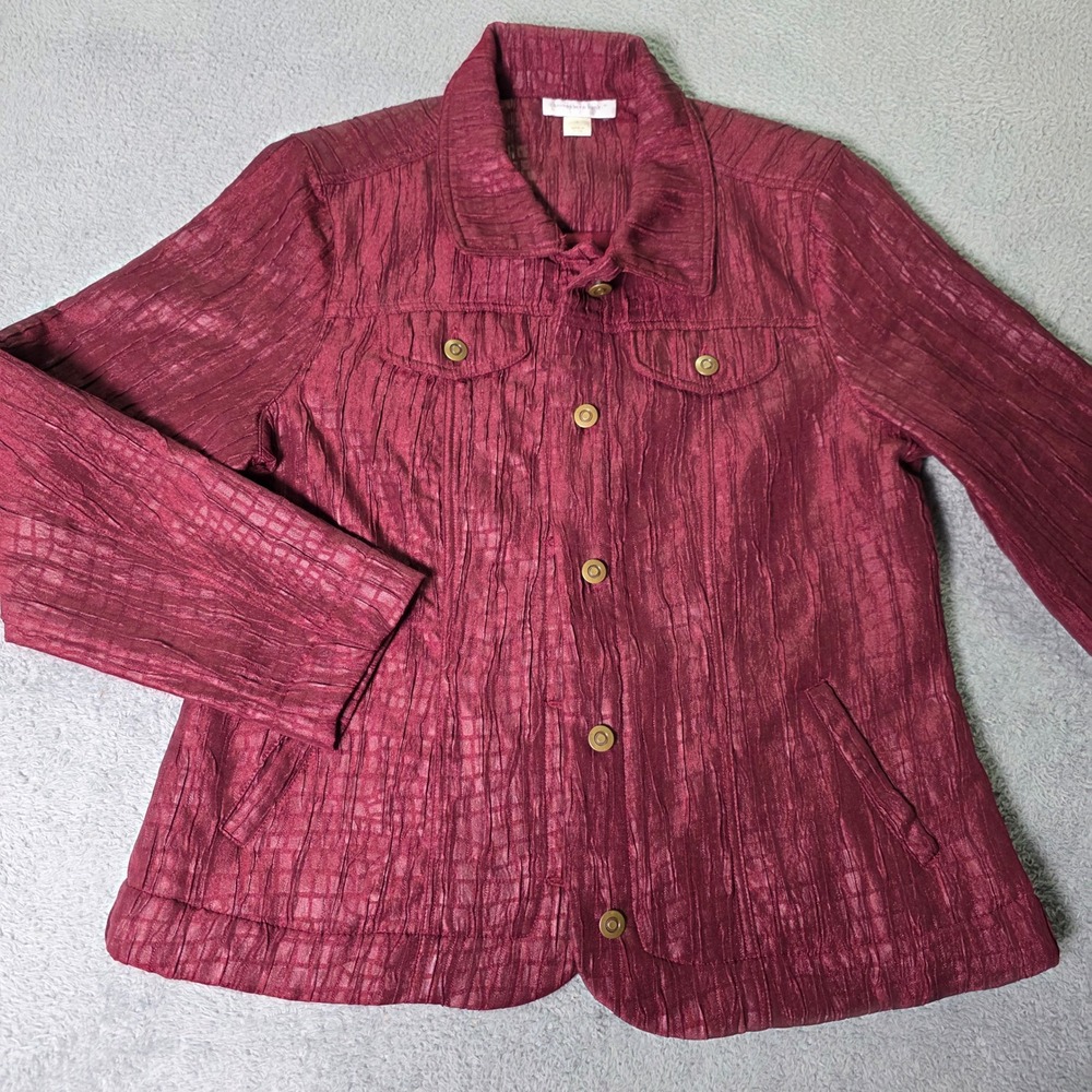 Christopher & Banks Womens Large Jacket Burgundy Crinkle Textured Button Front